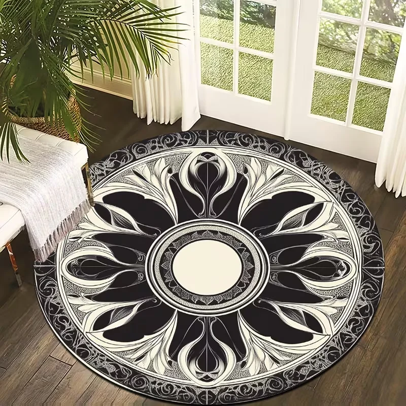 Retro Groovy Floral Round Rug Green Orange Geometric Flower Circular Mat Non Slip Soft Carpet Modern Entryway Bedroom Decor