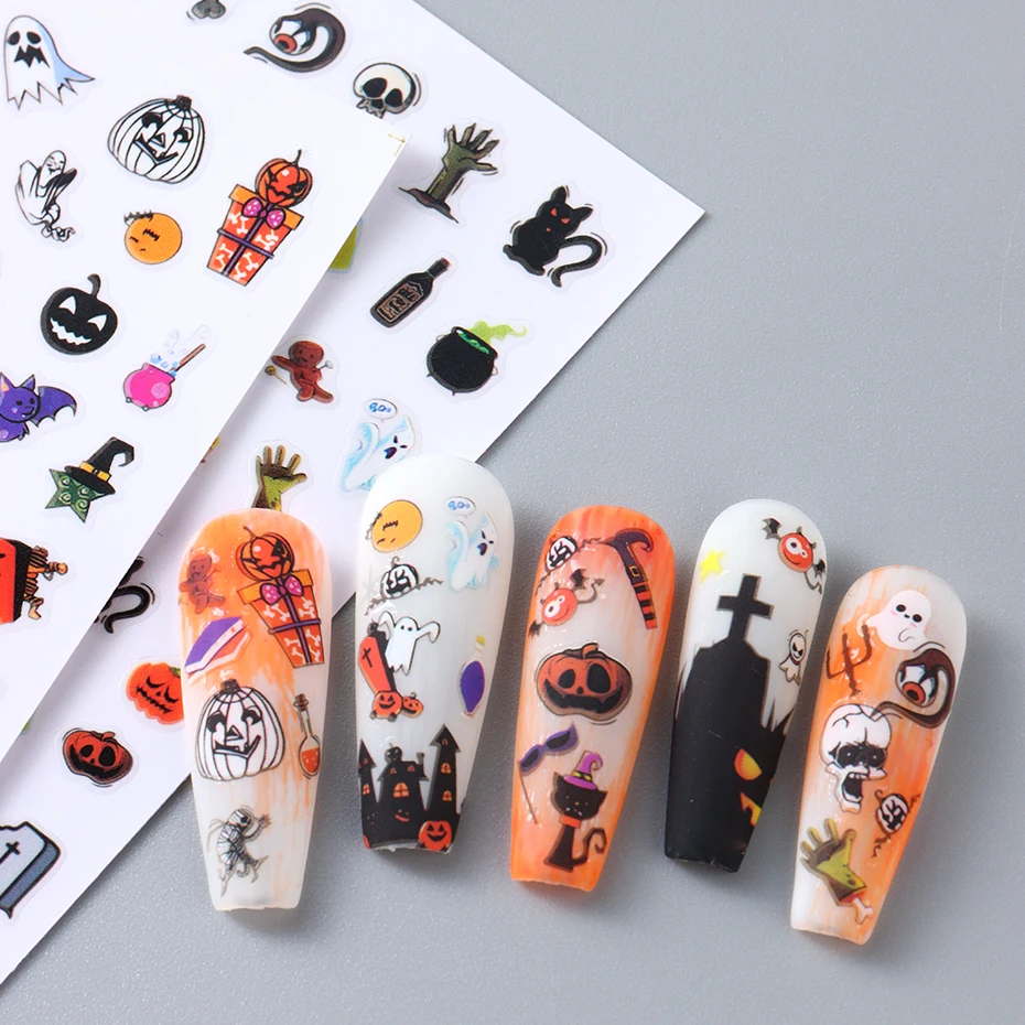 3D Halloween Nail Stickers Ghost Skull Cat Pumpkins Spider Witches Nail Art Sliders Cute Cartoon Designs Adhesive Decals Decor