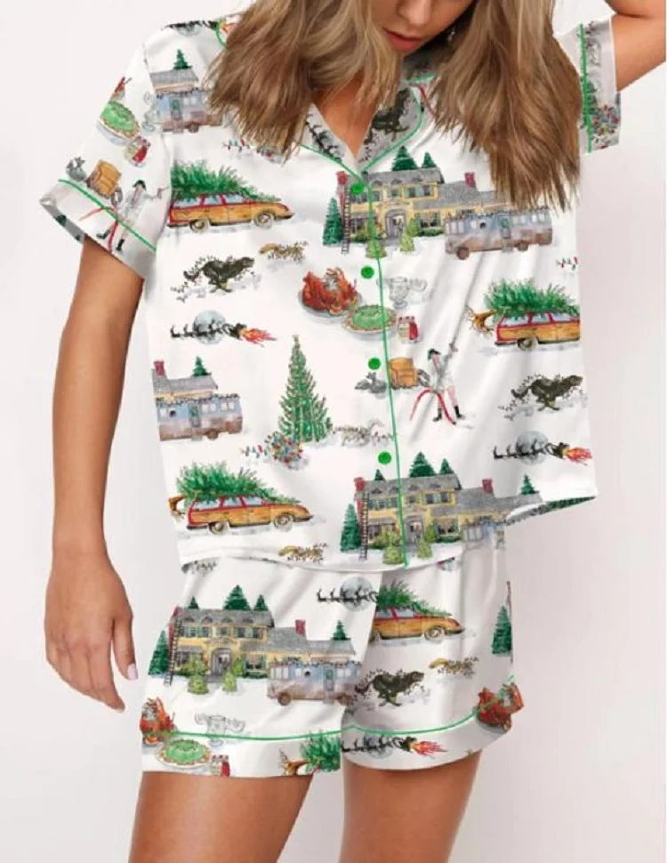 

3D Printed Women Halloween Print Satin Pajama Set Short Sleeve Button Closure Top with Shorts 2 Pieces Sleepwear Loungewear