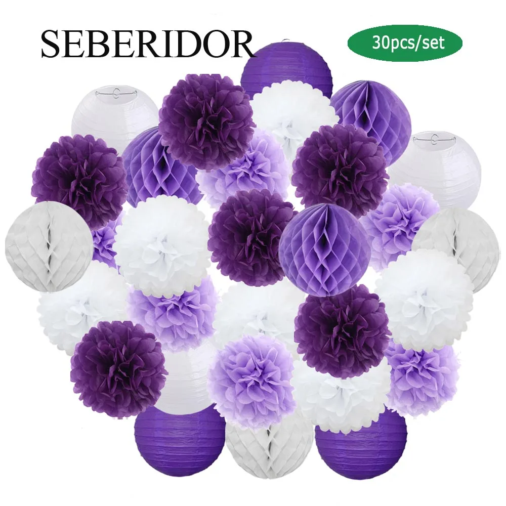 30pcs/Set Holiday Festival Decor Blue White Paper Lantern 6“ 8” 10“ 12” Baby Baptism Birthday Party Favor Hanging Tissue Pom