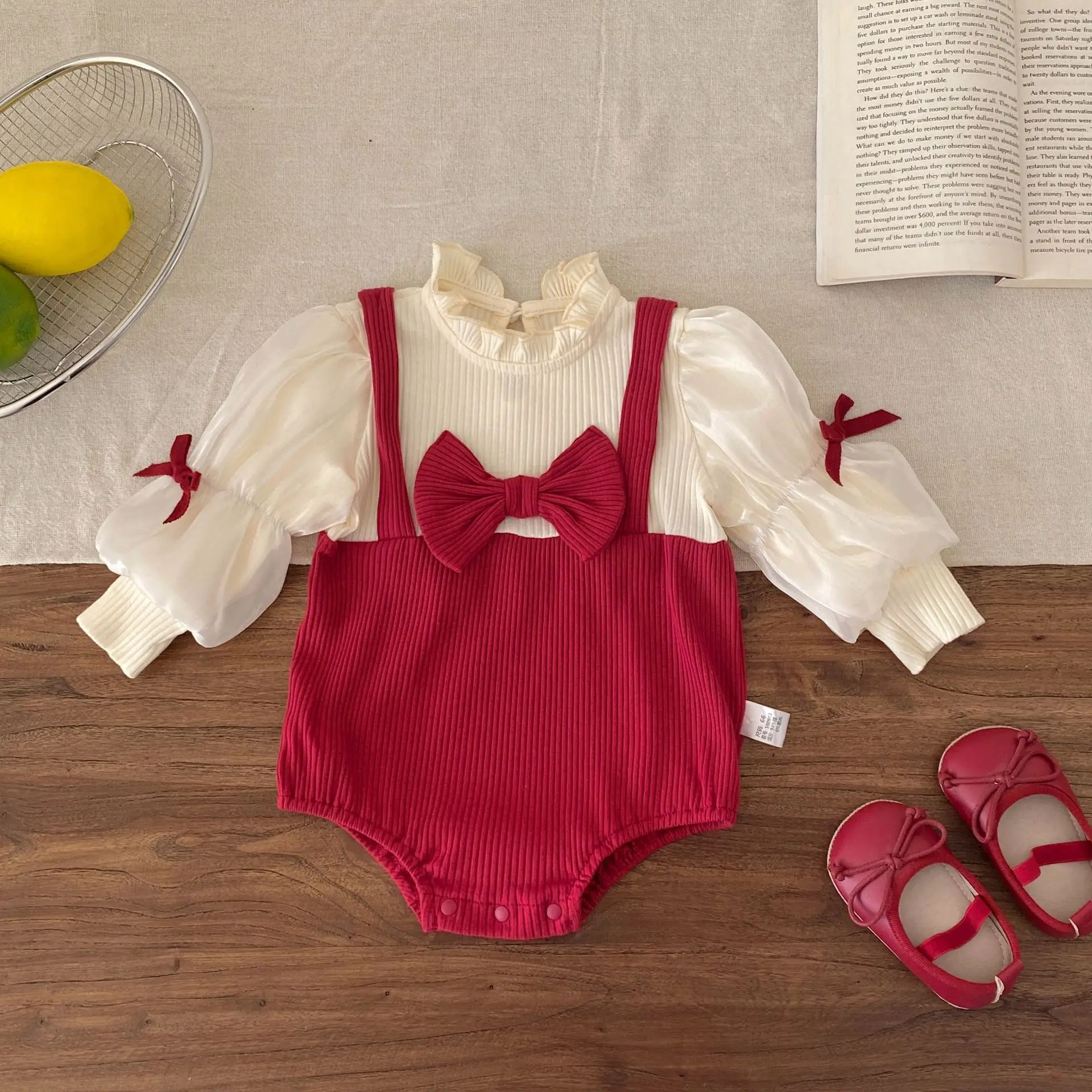 

0-2 Y Baby Girls Bodysuits Red Bowknot Ruffle Collar Toddler Girls One Piece Baby Birthday Clothes