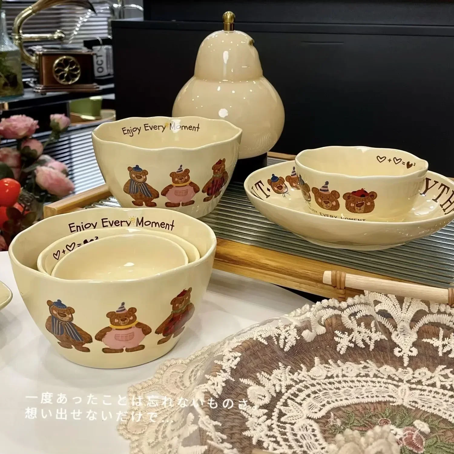 Korean Style Three Little Bear Cartoon Bowls Cute Tableware Cartoon Household Thickened Ceramic Bowl Plate Cutlery Set Soup Bowl