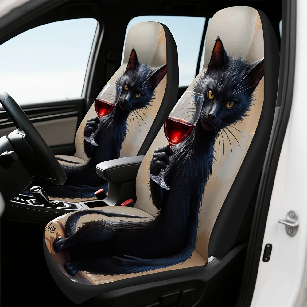 

2pcs Black Cat Car Seat Covers - Lightweight & Durable Universal Fit, Stylish Upgraded Design With Red Wine Glasses & Black Cat