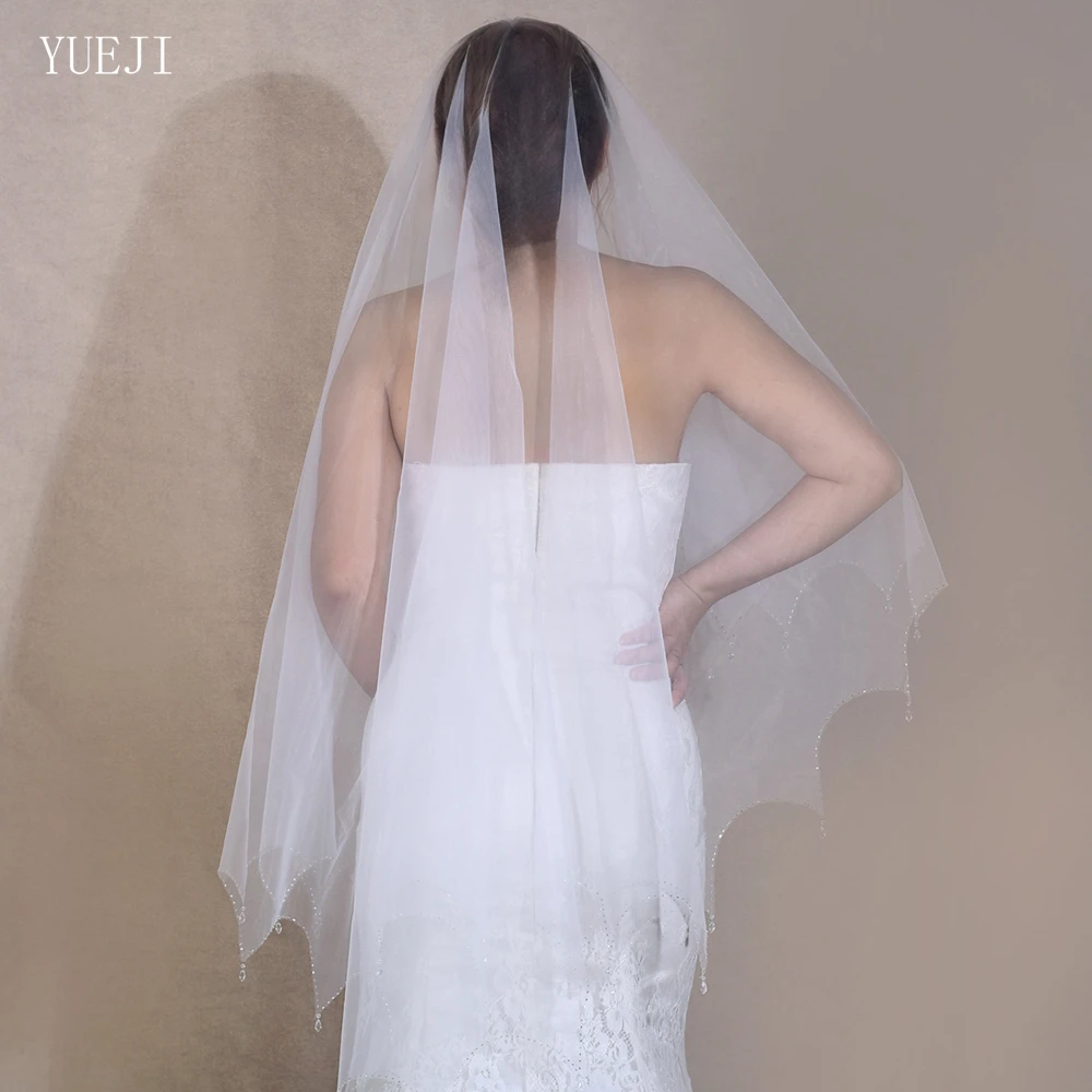 YUEJI-véu nupcial artesanal com gotas de cristal, borda recortada, tule, casamento próprio, branco, marfim, elegante, YJ218