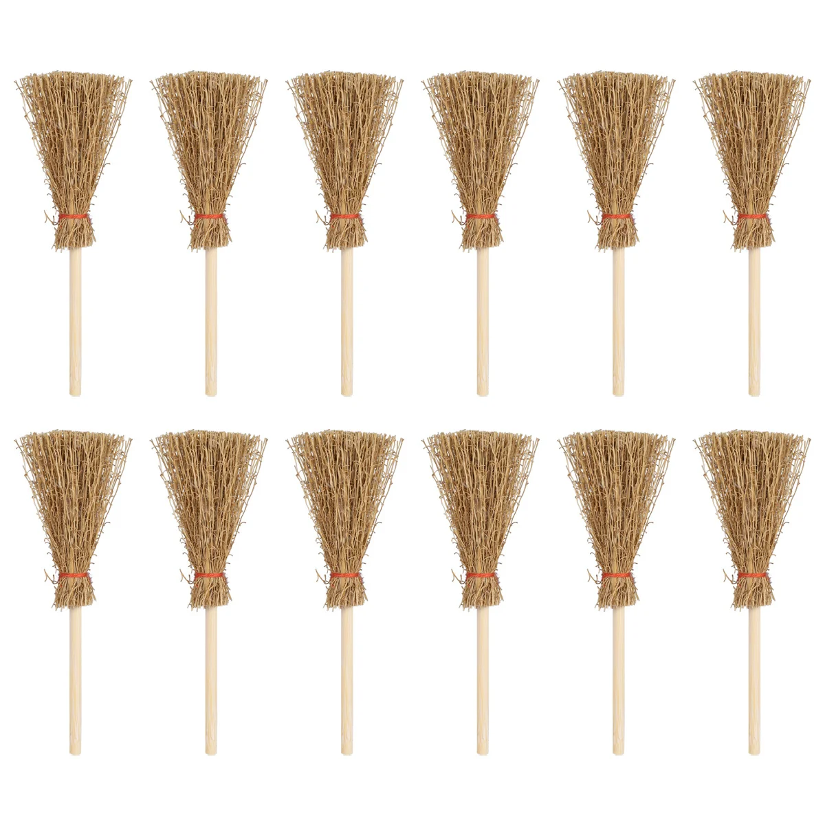 12 Pcs Witches Prop Hanging Broom Toys Lightweight Straw Decor with Red Rope for Halloween Costume Party Use