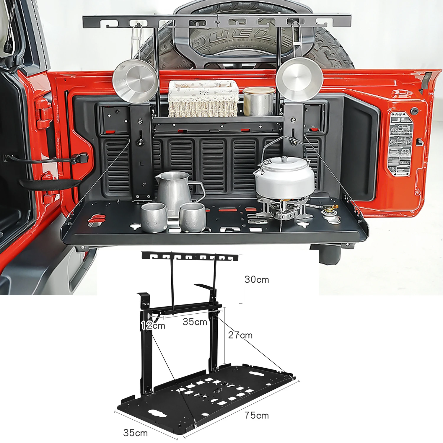 

Для Jeep Wrangler JL 2-дверный/4-дверный 2018-2025: Складной столик-органайзер на заднюю дверь/крышку багажника, расширитель багажного отсека