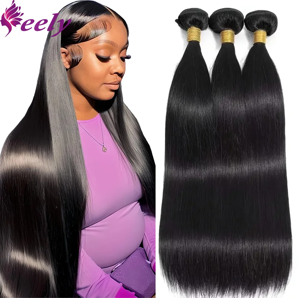 Straight Brazilian Bundles Human Hair 100% Unprocessed Human Hair Bundles Natural Black Color #1B Double Weft Weave Extensions