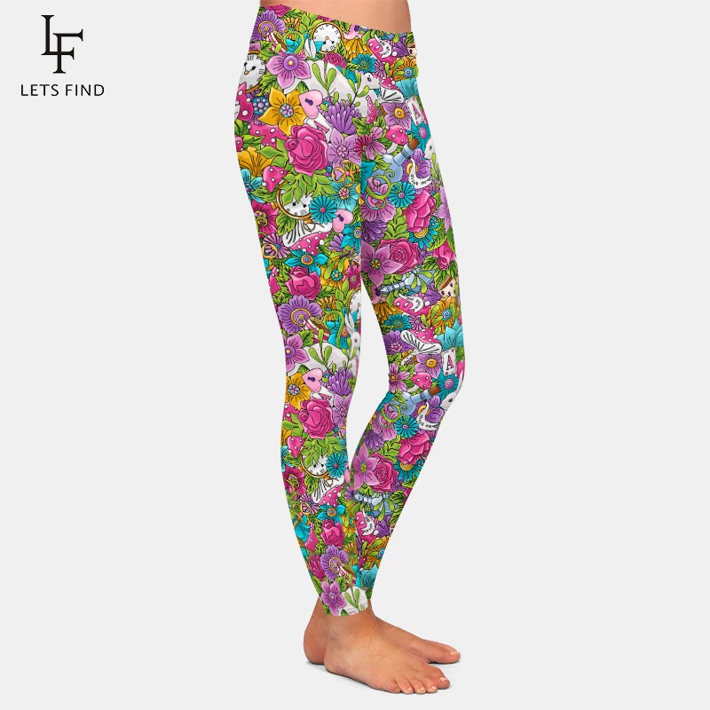 Letsfind 3D Handgeschilderde Bloemen Klokken Konijnen Ontwerp Leggings Vrouwen Hoge Taille Sexy Elasticiteit Broek Fitness