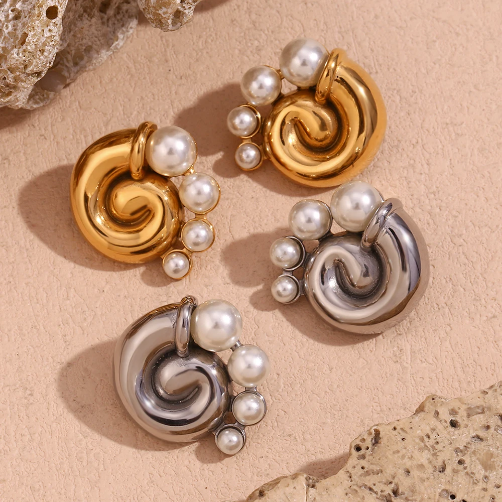 E.B.belle Thread Vortex Pearl Earrings 316L Stainless Steel Accessories 18K Gold Plated Jewelry