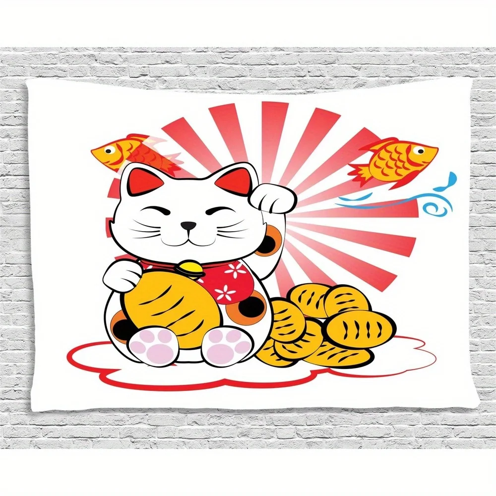 Lucky Cat Tapestry: Traditional Japanese Wall Art for a Prosperous, Welcoming, and Joyfully Auspicious Decor Statement