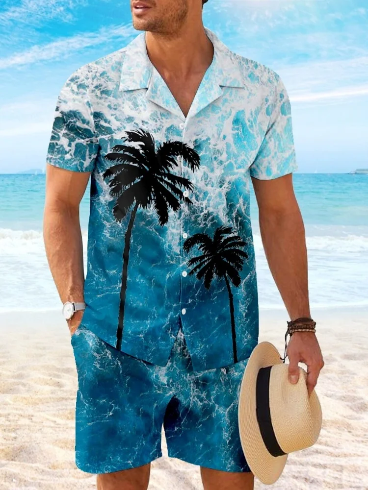 

2025 New Style Hawaiian 3D Palm Tree Printed Men's Shirt And Shorts Set Summer Daily Casual Shirt Seaside Vacation Beach Shorts