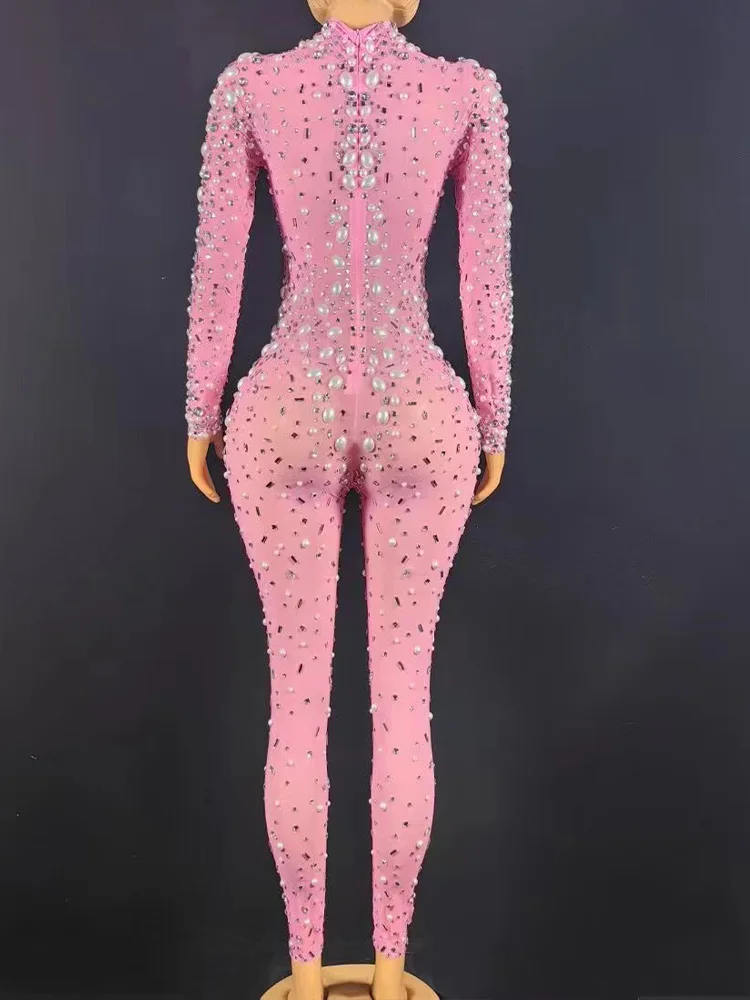 Hoge kwaliteit hot stamping roze elastische jumpsuit 2025, nieuwe mode op maat gemaakte dameskleding
