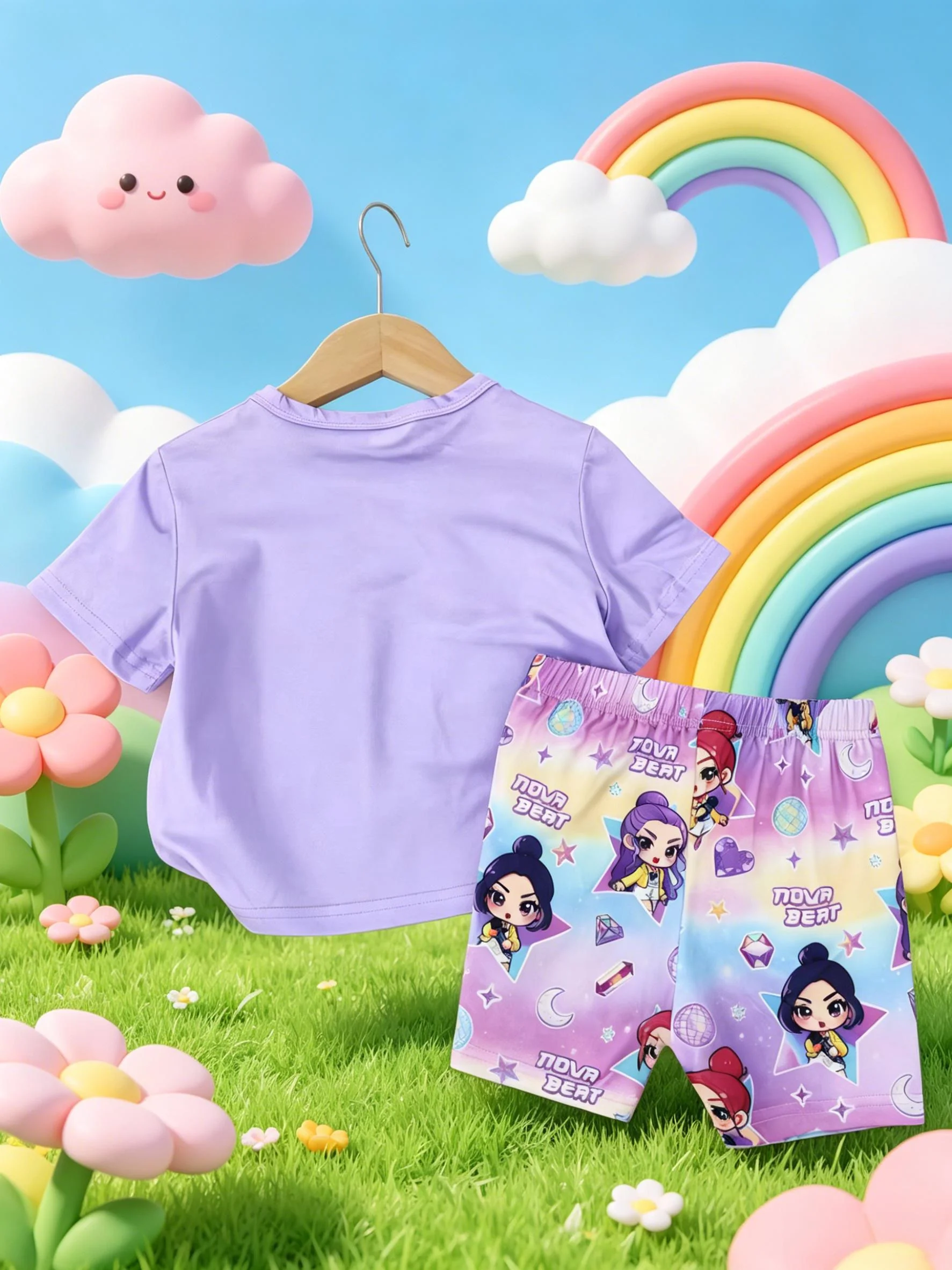 Sweet Cool Style Cartoon Character Gradient All Over Print Girls Short Sleeve Shorts Set New Arrival