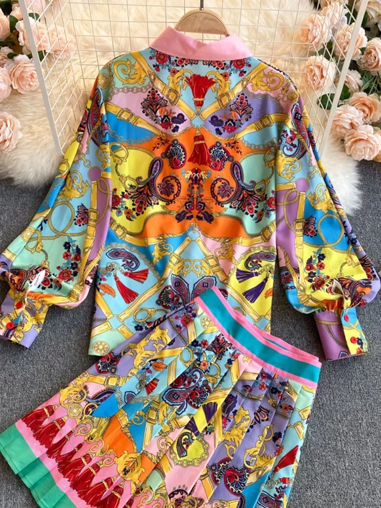 Spring  Autumn Fashion Temperament New Exotic Print Lapel Puff Sleeve Shirt Female High Waist Slim Skirt Suit C597