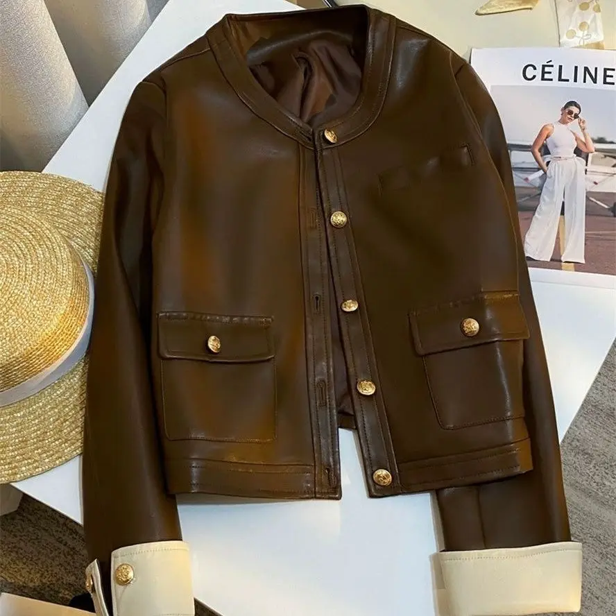 

2024 Autumn New Product Coffee Color Trendy Leather Jacket Short Coat Female Internet Celebrity Fashion High Sense Top Trendy