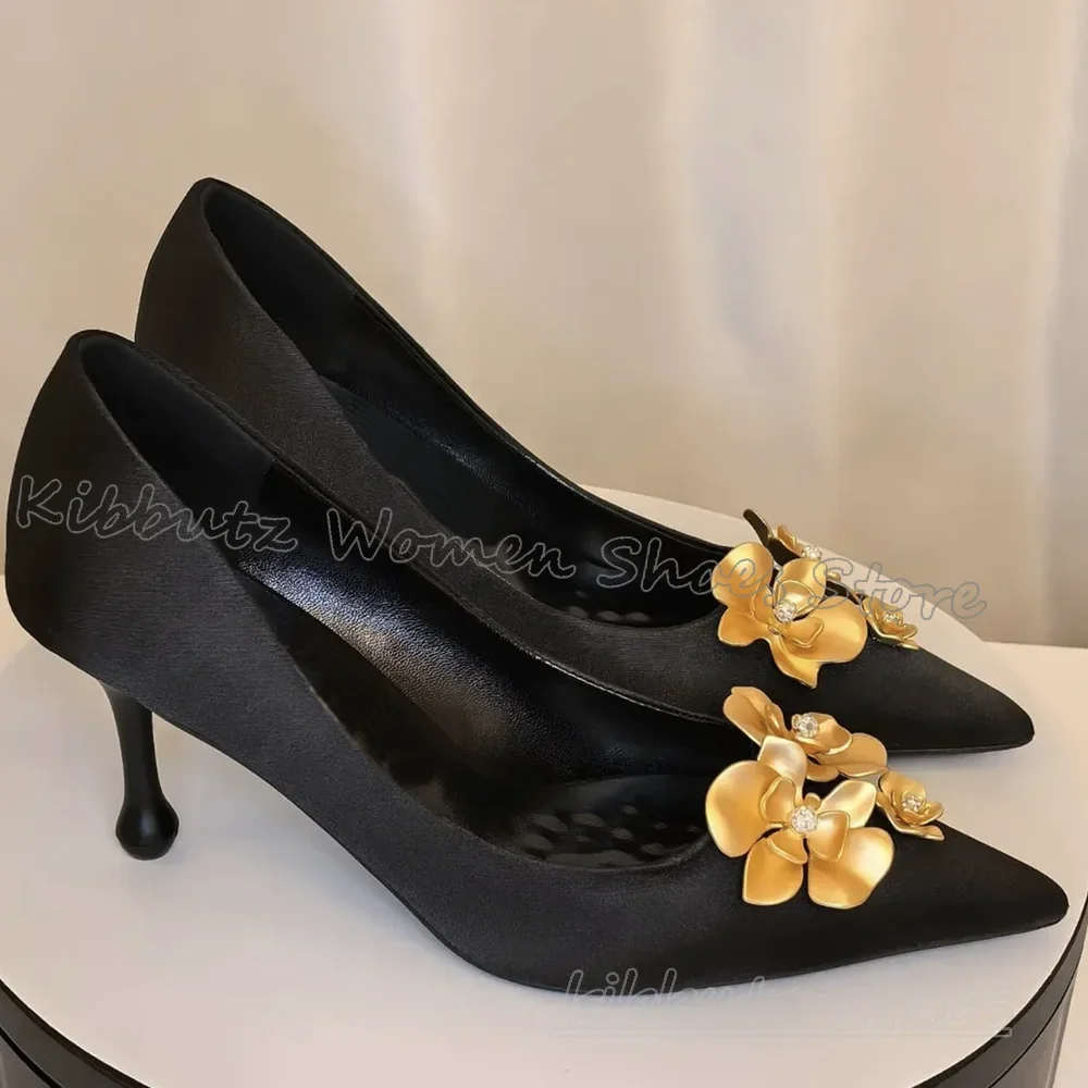 

Metallic Petal Silk Flower Pumps Pointed Toe Shallow Thin High Heels Solid Color Black Slip-On Fashion Elegant Sexy Women Shoes