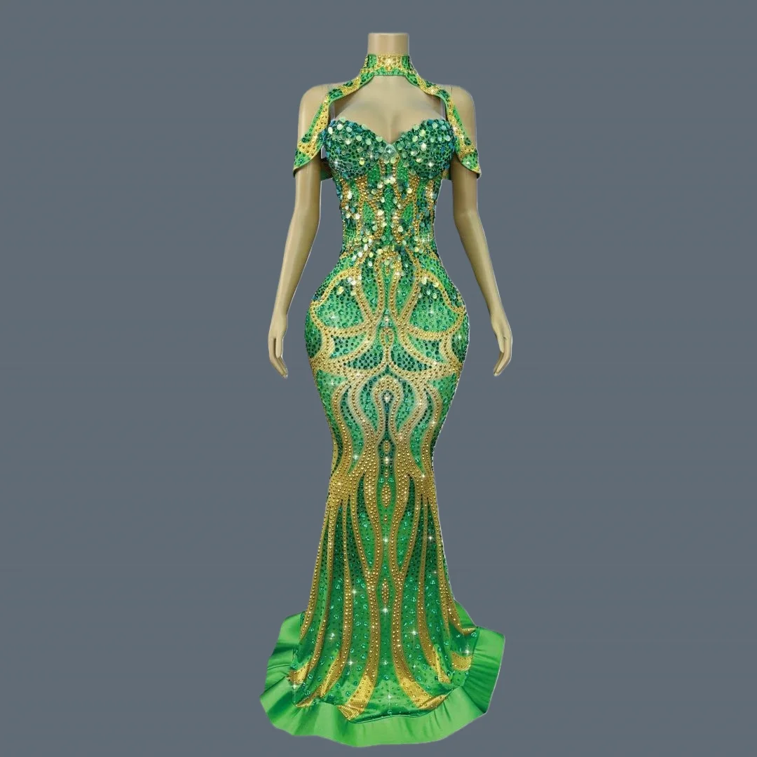 

Green Prom Luxury Couture Birthday Wedding Party Floor-length Dress Sparkly Crystals Sequins Sexy Women Bandage Outfit Moyulv