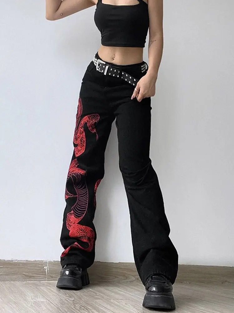 Summer Snake Print Straight Casual Women Jeans Fashion High Waist Wide Leg Denim Trousers 2023 Loose Lady Streetwear Pants