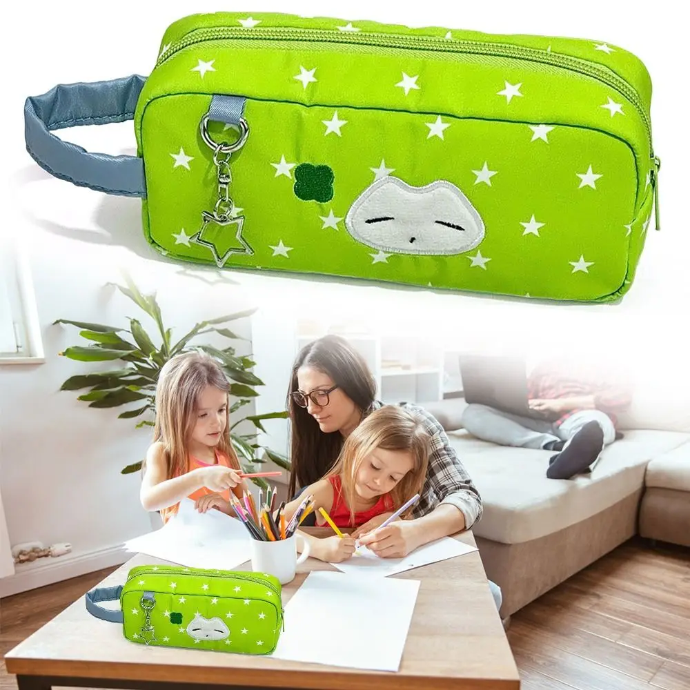 

Durable Green Pen Bag Star Clover Kitten Pattern Large Capacity Stationery Bag Handheld Portable Pencil Case School Office