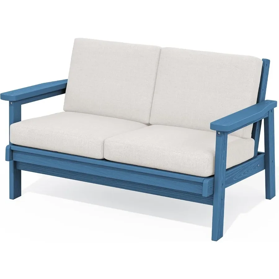 HDPE Outdoor Patio Loveseat with Blue Frame and Khaki Cushion for Garden Deck or Balcony Durable WeatherResistant LowMaintenanc