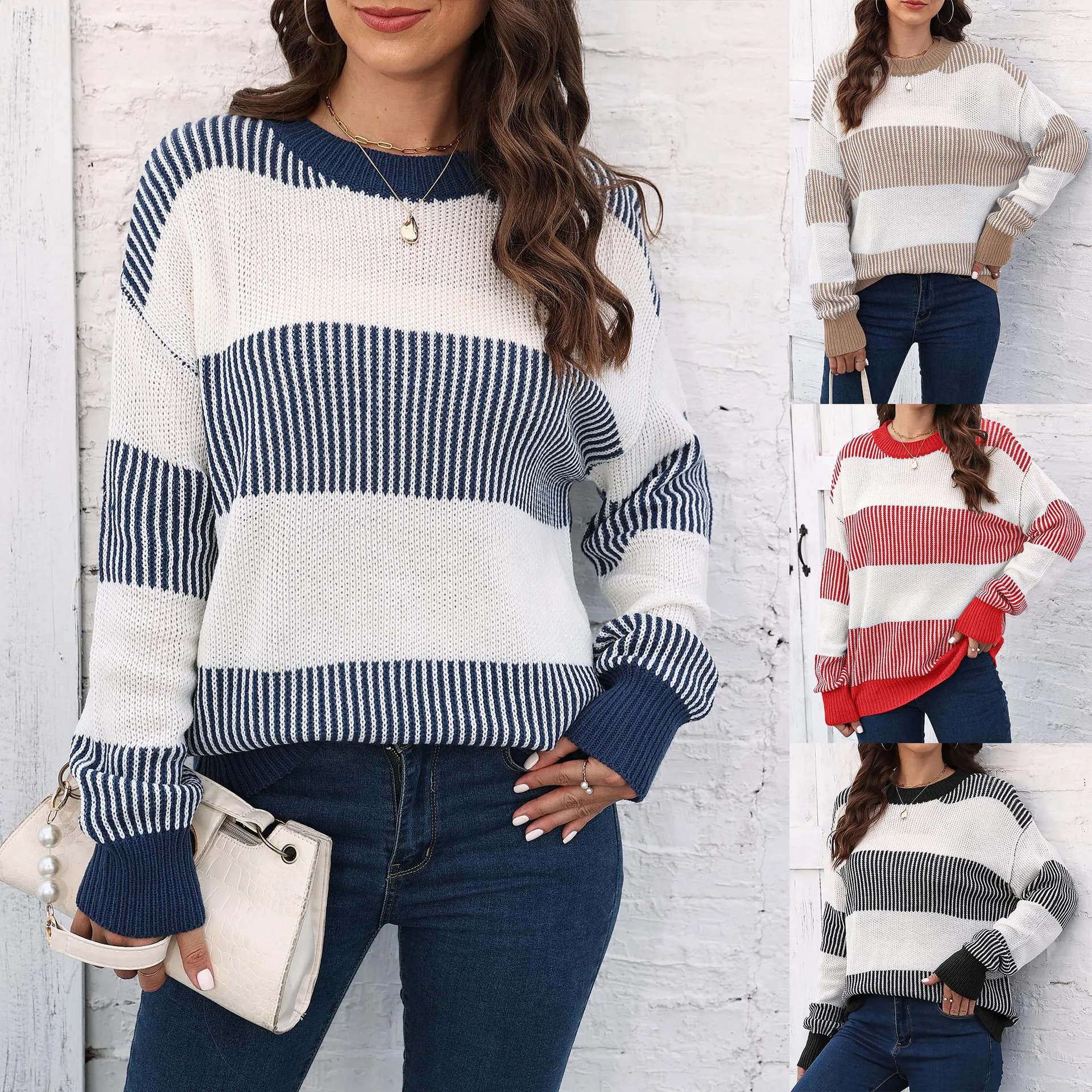 

Loose Casual Women's Overhead irt Autumn Winter New Sle Color Blo Striped Splicing Knitted Sweater Comfortable Faion