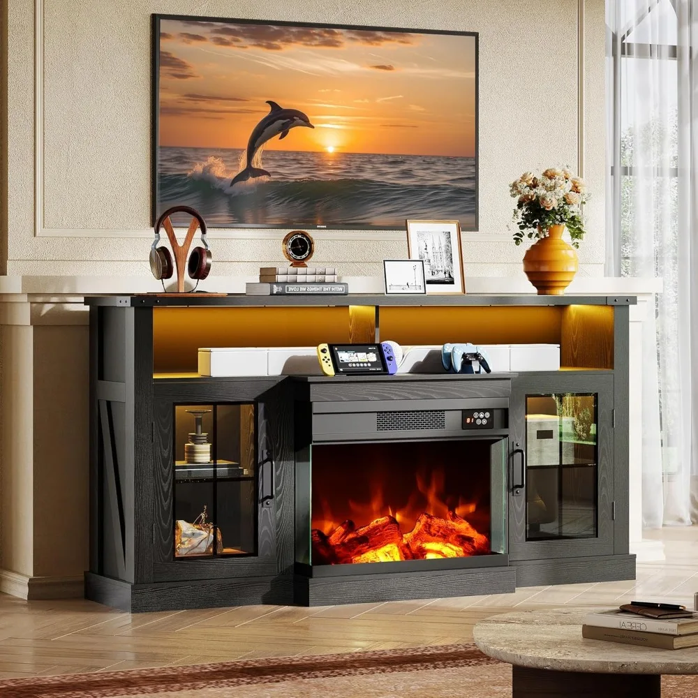 3-Sided Glass Electric Fireplace TV Stand - Entertainment Center for 65 TVs, 14 Color Flames & Adjustable Storage
