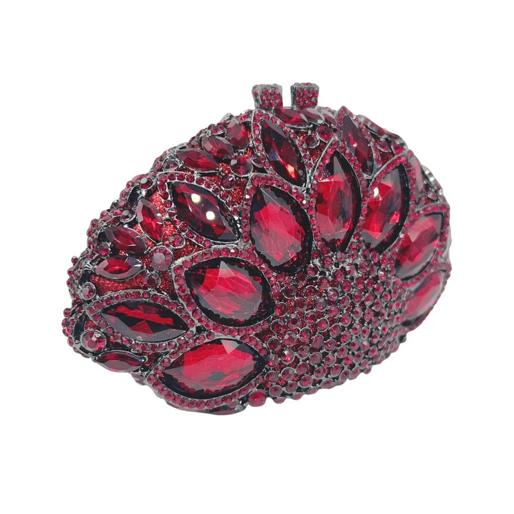 Wine Red Crystal Clutch Oval Hard Shell Teardrop Round Rhinestone Petal Pattern Metal Clasp For Weddings And Gala Events