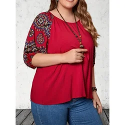 Damska koszulka Plus Size 1XL-5XL Casual Wygodna luźna koszulka z nadrukiem Modny top z okrągłym dekoltem Wszechstronny T-shirt