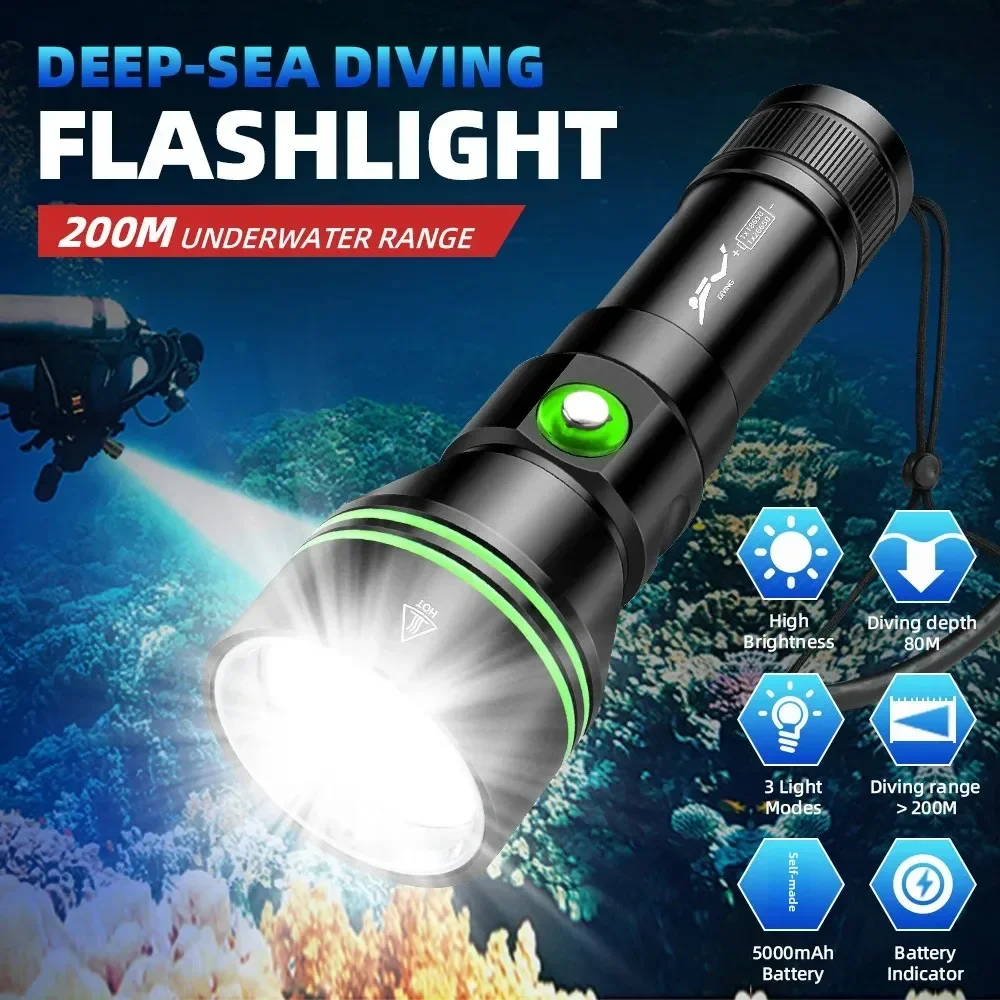 Most Powerful Scuba Diving Flashlight P70.2 Super Bright 8000lm 26650 Battery Dive Torch 200 meters Underwater IPX8 Dive Lantern