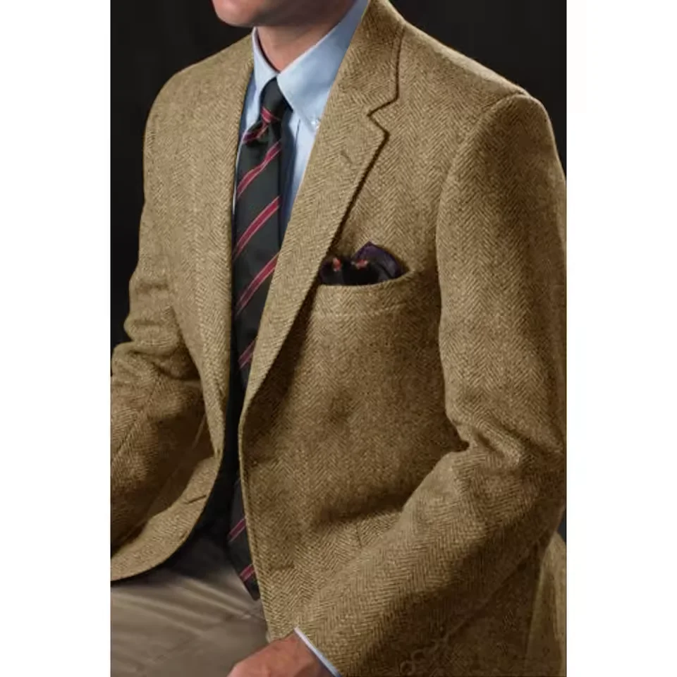 

Mens Wool Blend Suit Jacket Single Breasted Casual Blazer Herringbone Pattern Fashion Tapered Waist Slim Fit Comfortable Elegant