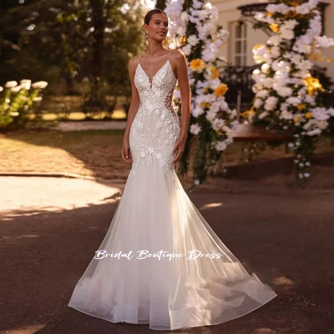

Sexy Woman Mermaid Wedding Dress Customized Spaghetti Straps V Neck Sequined Applique Sweep Train Bridal Gown Vestido Noiva