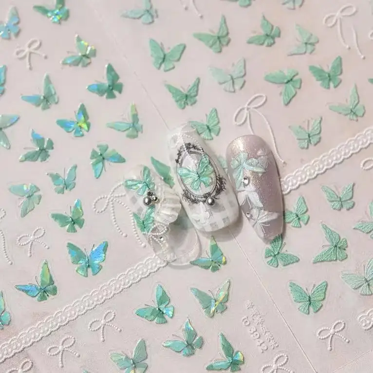 

Hot Selling Green Shell Glow Nail Art Stickers 3D Embossed Butterfly Design Self Adhesive Waterproof Decals for Nail Decor