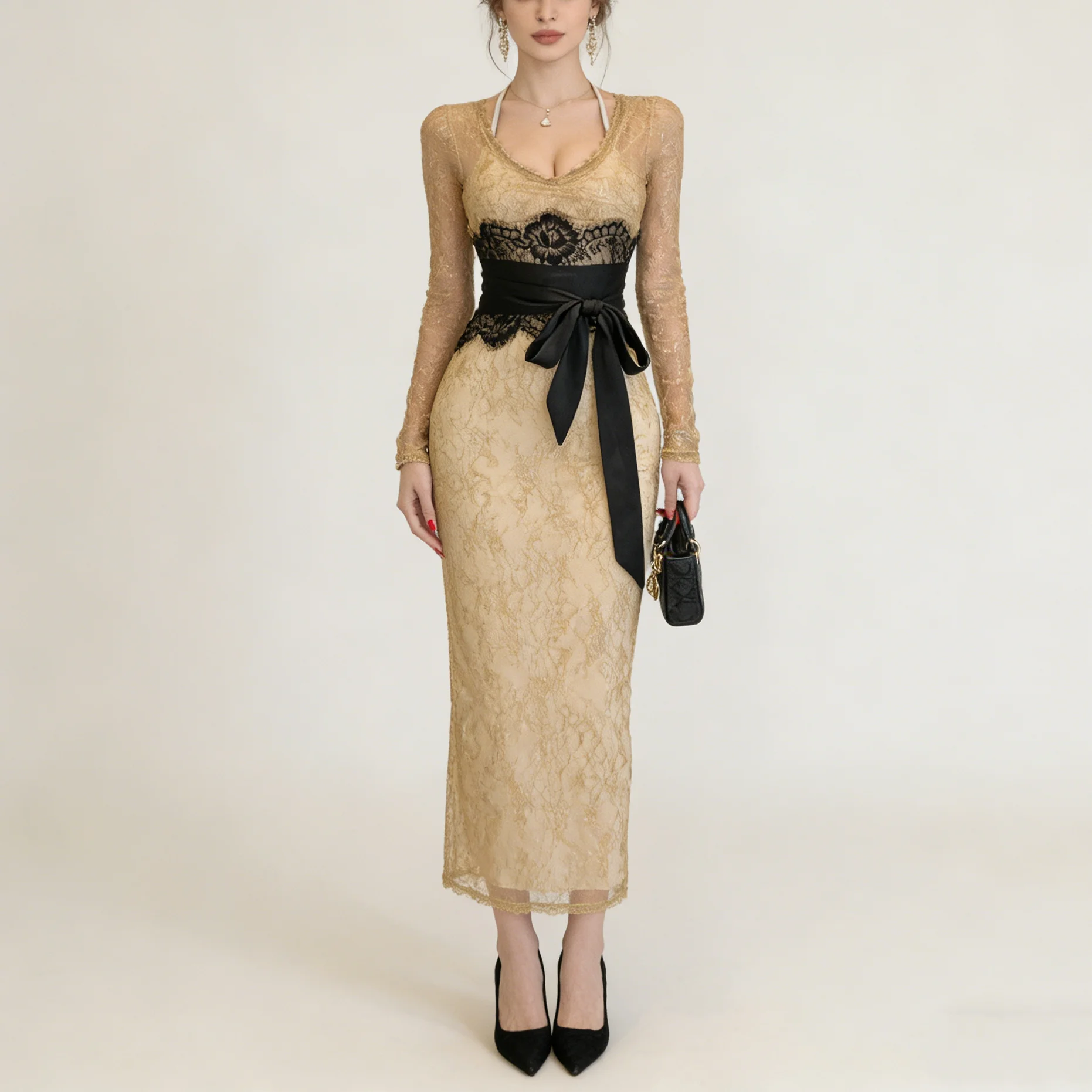 

Женское платье миди CiCi с длинным рукавом, цветочным кружевом, поясом на талии, облегающим силуэтом, элегантное, для вечеринок, мода Весна-Лето 2026