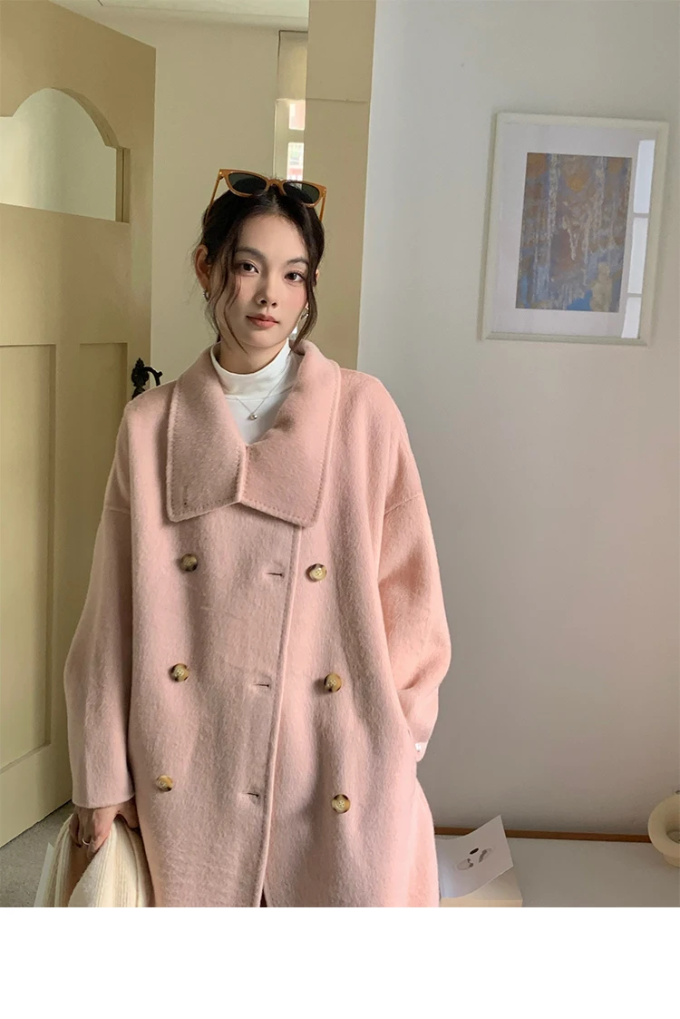 Autumn/Winter New Stand Collar Lazy Style Double Breasted Wool Jacket Double Sided Velvet Coat Women's Medium Long Woolen Coat