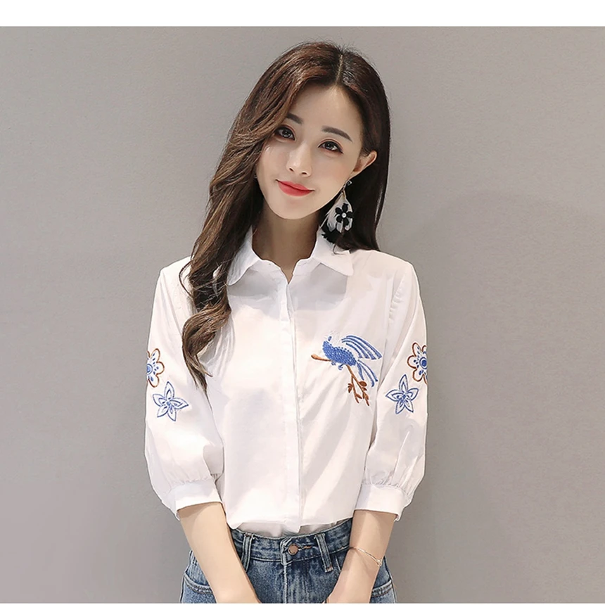 It Goes with Everything Embroidered Summer Five-point sleeve Shirt 2023 New Literary Women Temperament Lapel Casual Tops