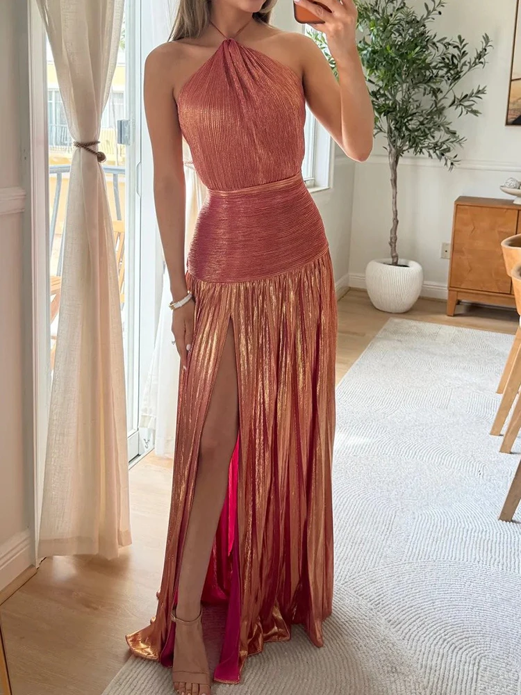 

Summer Women Holiday Patchwork Chic Party Dress, Sleeveless Halter Simple Elegant Maxi Dress, 2025 Backless Fashion Ladies Dress