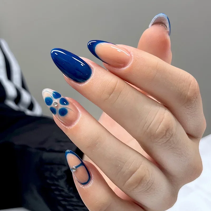 Handmade Press-on Nails, Blue Hand-Painted Carved Summer Icy Transparent False Nails