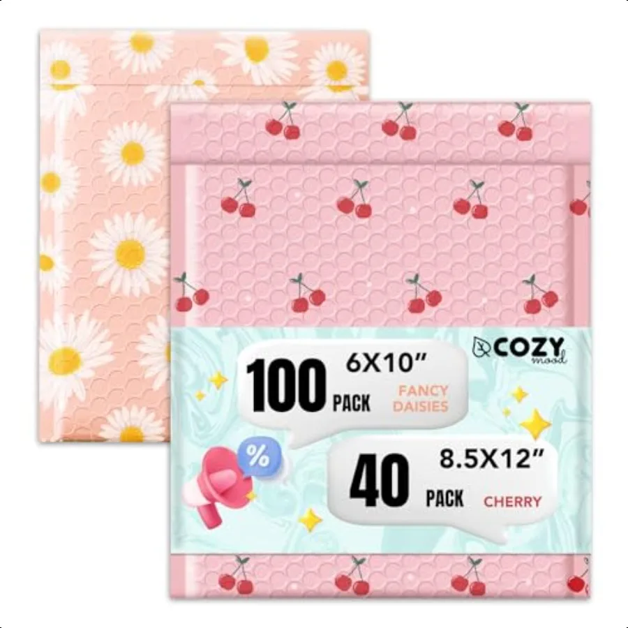 

Cute Bubble Mailers 8.5x12 Inch 40 Pack Cherry +Pretty Bubble Mailer 6x10 Inch 100 PackFancy Daisies Waterproof Padded Envelope