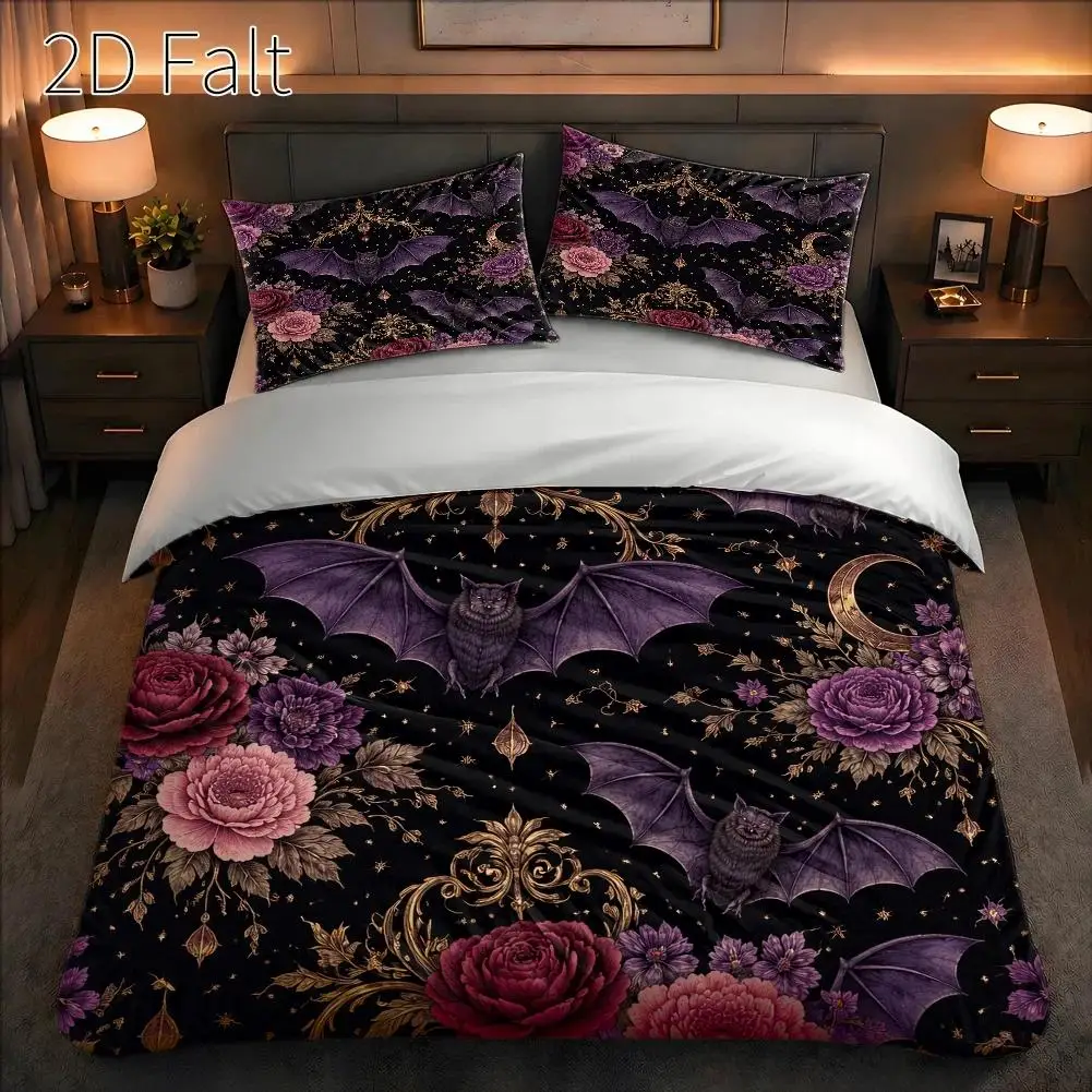 3-Piece Quilt Cover Set, 1 Quilt Cover + 2 Pillowcases (Without Filling) 2D Flat Priting, Three-Piece Quilt Cover Set, Purple Rose Bat Theme, Gothic Retro Style, Halloween, Suitable for All Seasons, Machine Washable, Invisible Zipper, Large Quilt Cover Set, Bedding Set, Skin-Friendly, Breathable, Soft and Comfortable, Does Not Fade or Pill, Suitable for Home/Dormitory/Master Bedroom/Guest Room
