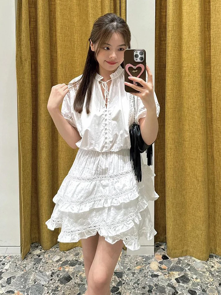 Vestido F MIGII de Cintura Alta com Recortes e Cinto, Estilo Francês, Vestido  Tricotado em A, Manga Curta, Decote...