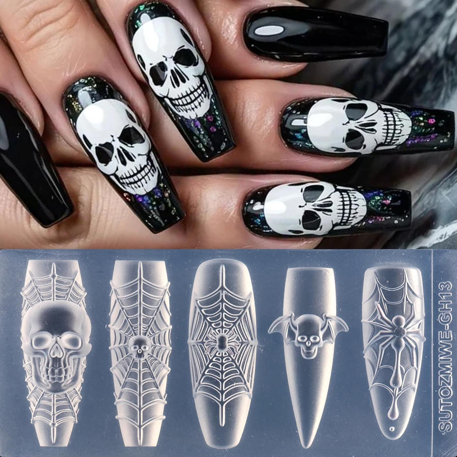 3D Totenkopf Fledermaus Spinnennetz Nagel-Silikonform Halloween Gothic Nagelkunst-Form Skelett Nagel-Charms Dekorationen Vorlage Nagelform – Detail 2