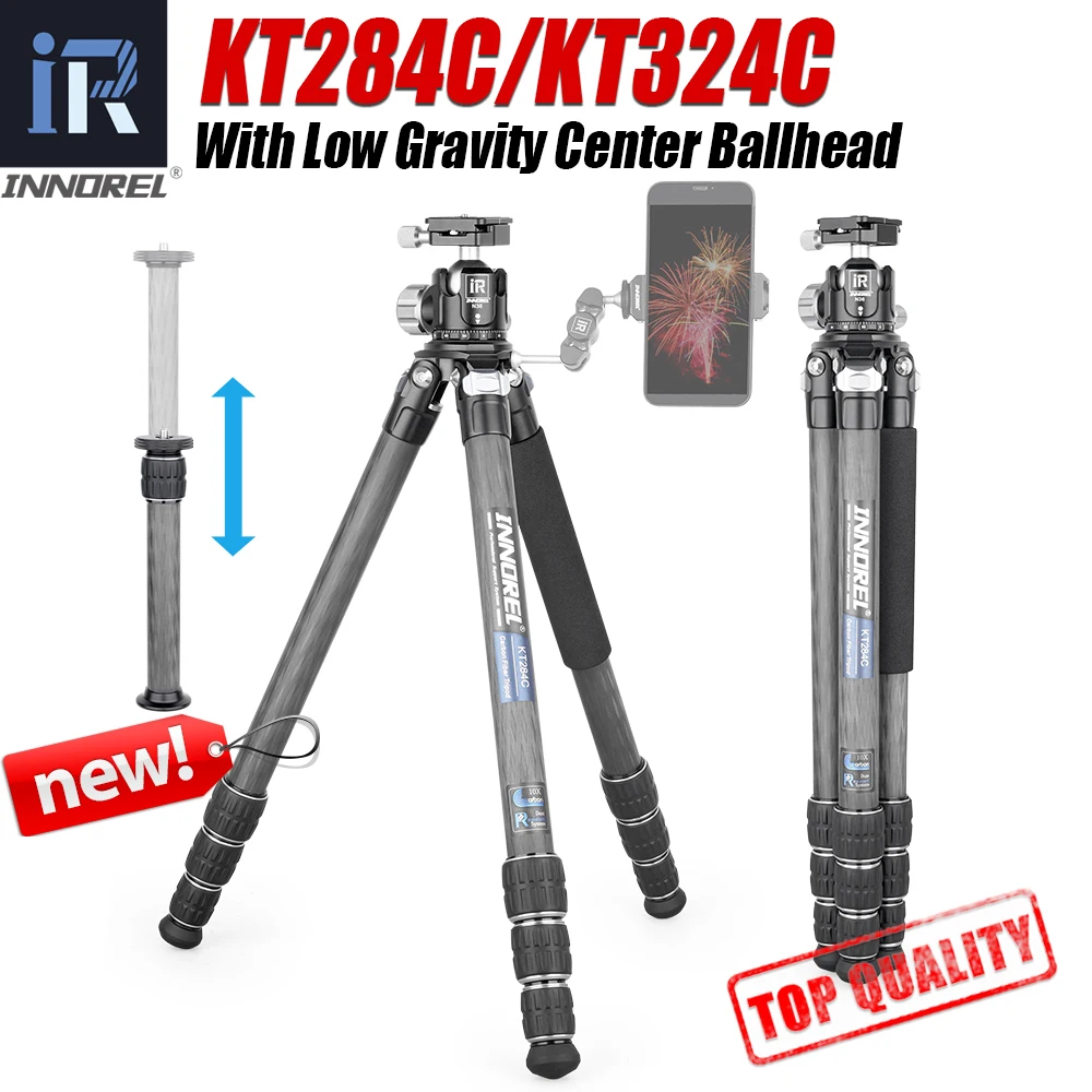 KT284C/324C 10 Layers Carbon Fiber Tripod Professional Heavy Duty Stand Low Gravity Ballhead Short Center Column for DSLR Camera