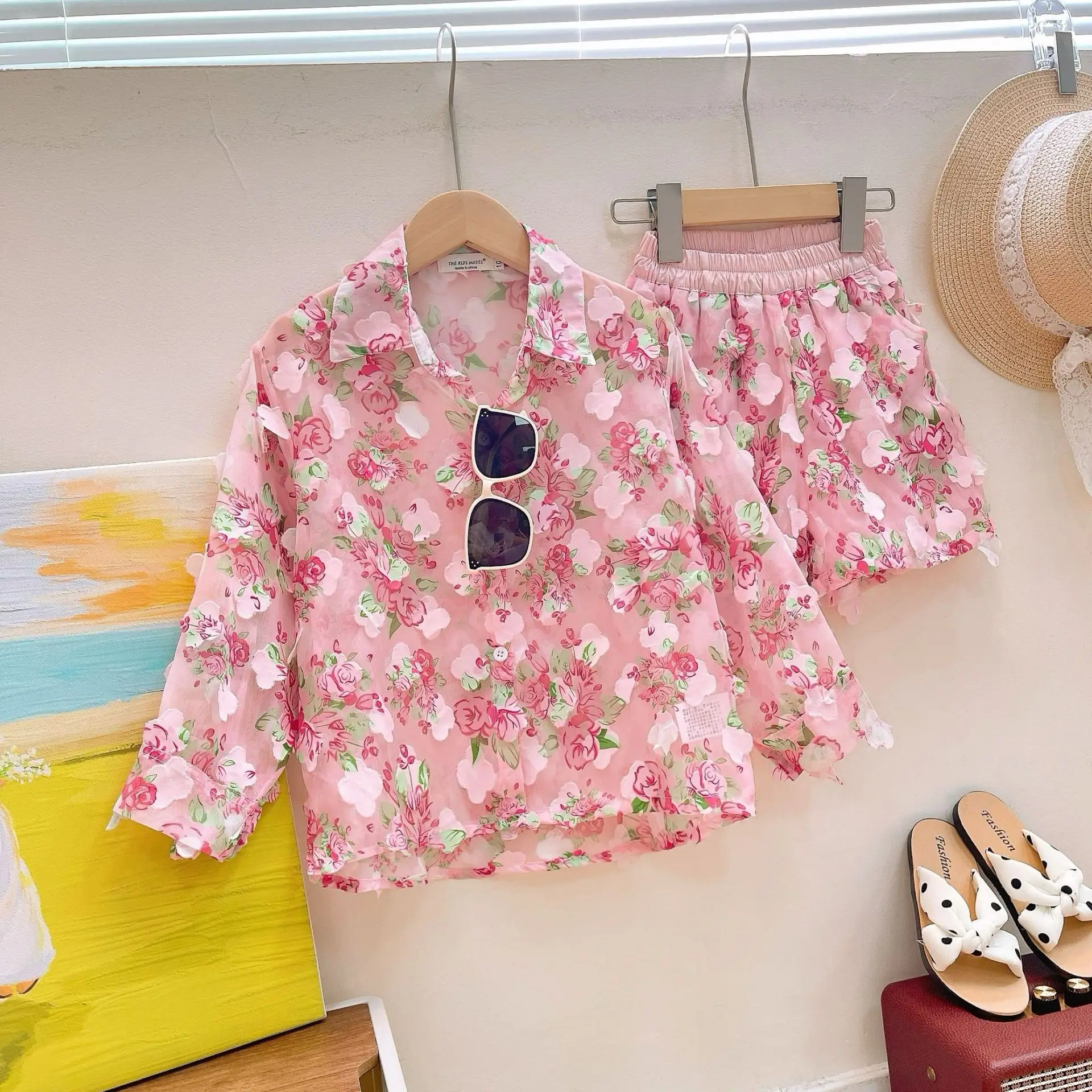 Summer New Girls Clothing Set Full Of Printed Flowers Long Sleeves Shirt+Shorts 2Pcs For 3-10Y Girls Fashion Sun-proof Outfit