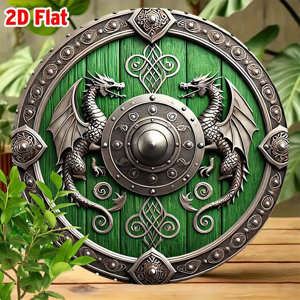 2D Flat, 1pc Viking Shield Metal Wall Art - 8x8 Round Tin Plaque with Dragon & Helmet Design, Vintage Green & Silvery Decor for