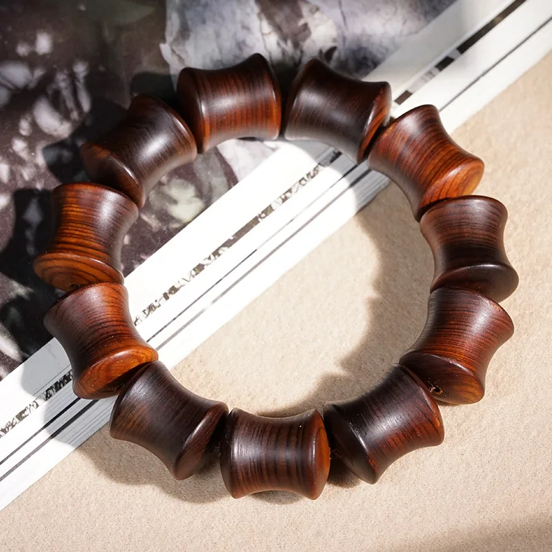 Thunder-striken Chinese Cypress aged bamboo knot prayer bracelet, unisex black oil material Buddhist beads collectible ite
