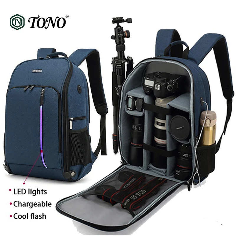 Multifunctional Camera Bag Backpack Waterproof Shockproof LED Light with Tripod Strap & Rain Cover for Canon Sony DSLR Drone
