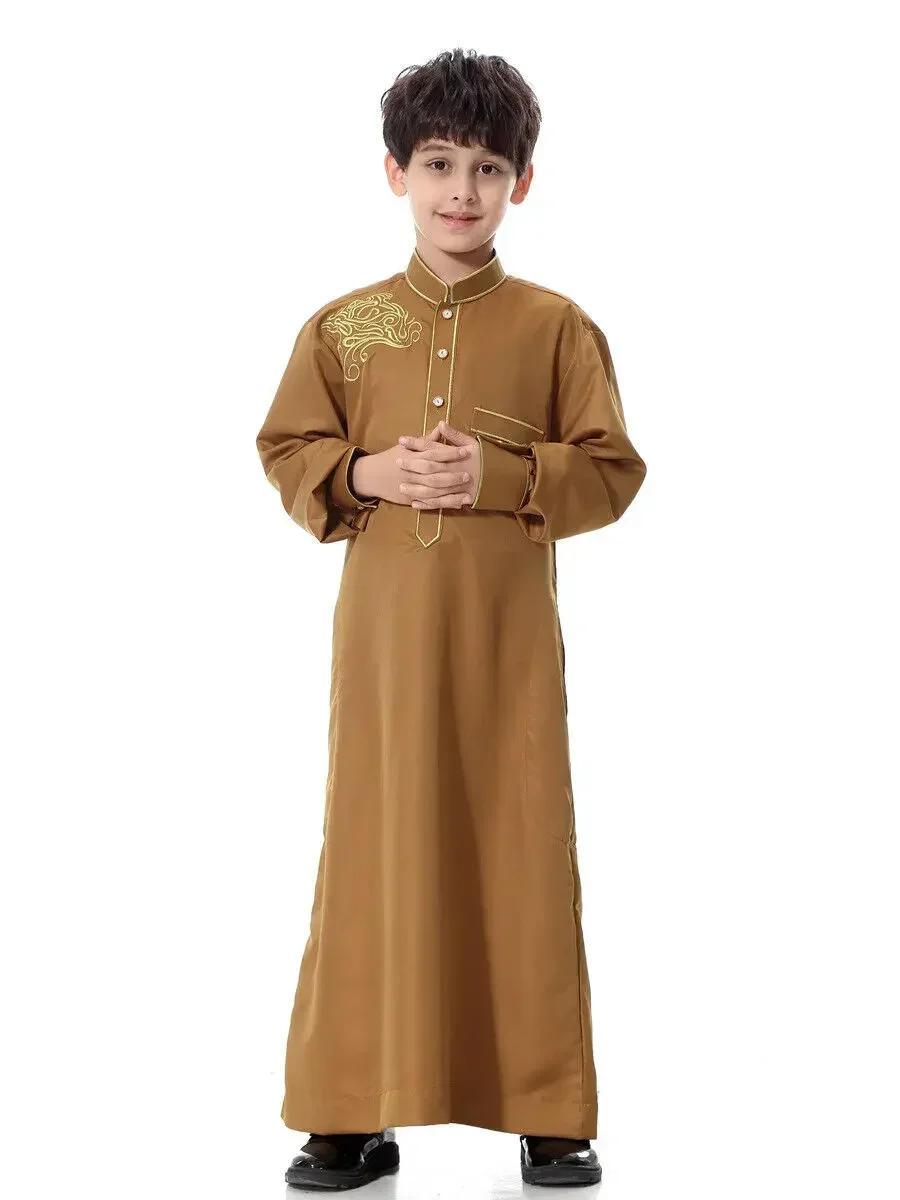 Abaya muçulmano para crianças, vestido de manga comprida, cor sólida, luxo, bordados, islâmicos, meninos árabes, abaya, single-breasted, dubai, jubba thobe