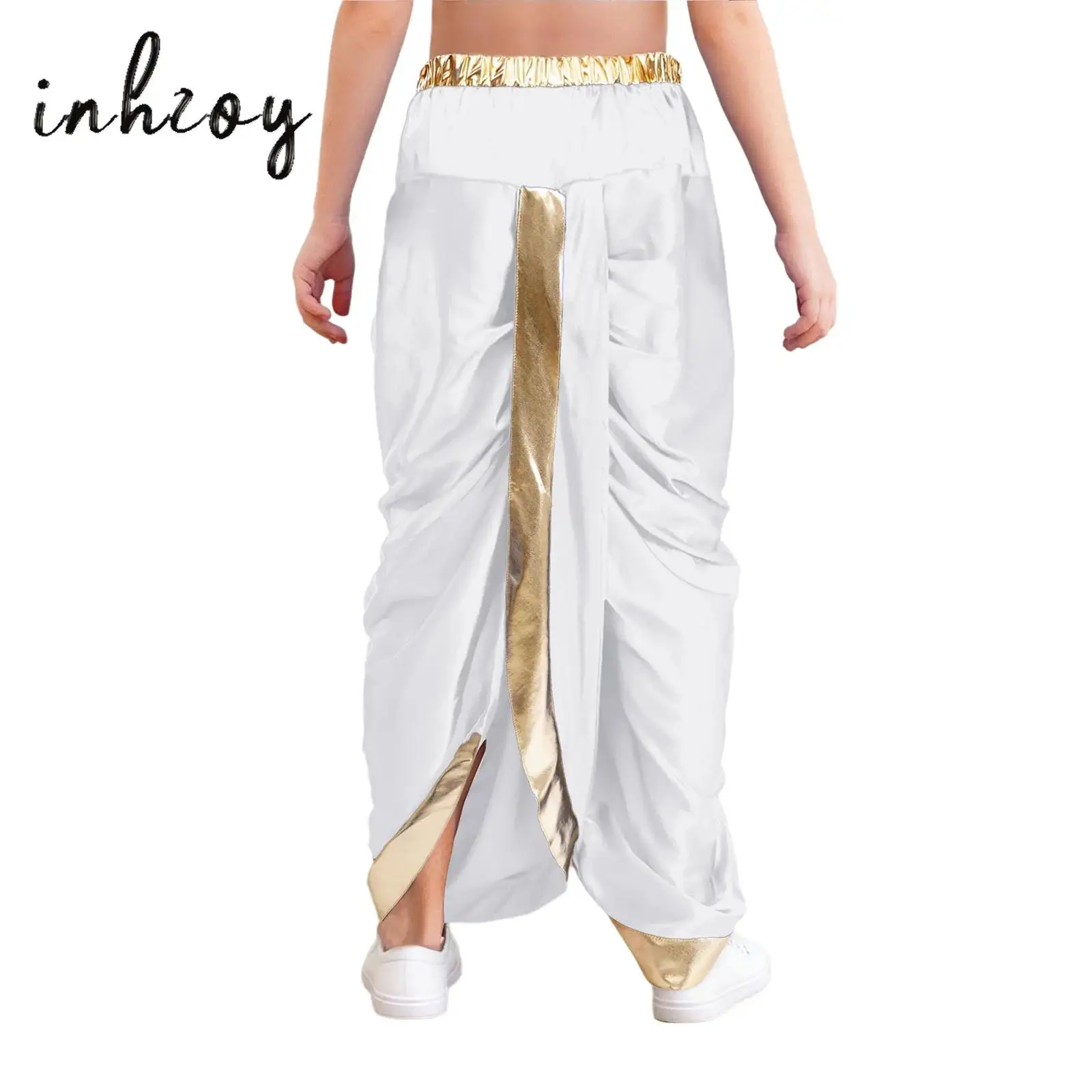 

Indian Traditional Trousers for Boys Girls Halloween Carnival Arabian Prince Princess Cosplay Costume Satin Dhoti Pants