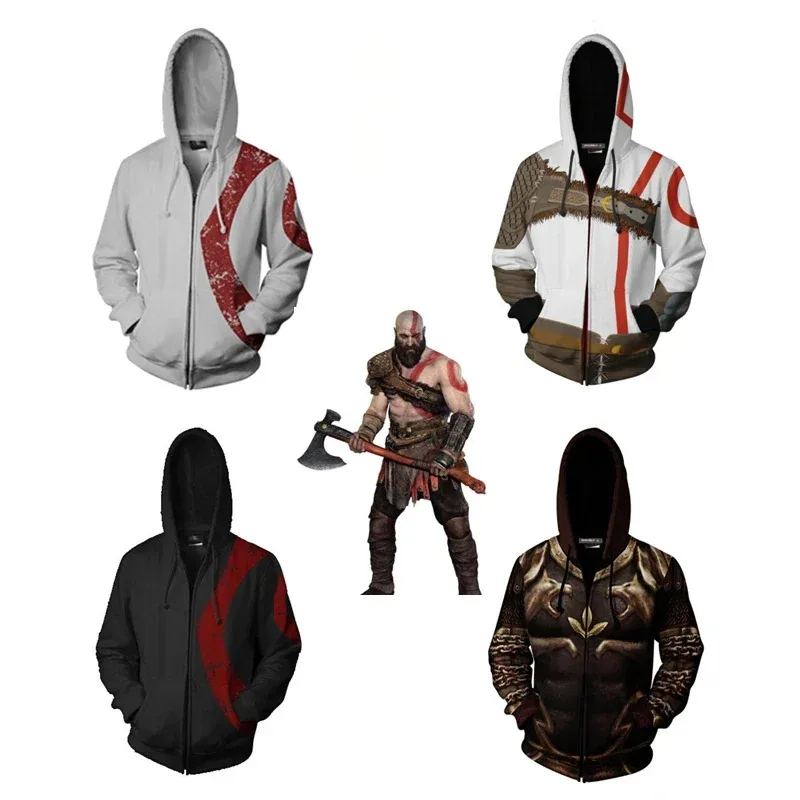 Waq89 jogo god of war cosplay kratos zíper moletom com capuz traje masculino e feminino lazer esportes camisola impressão 3d novo 2025
