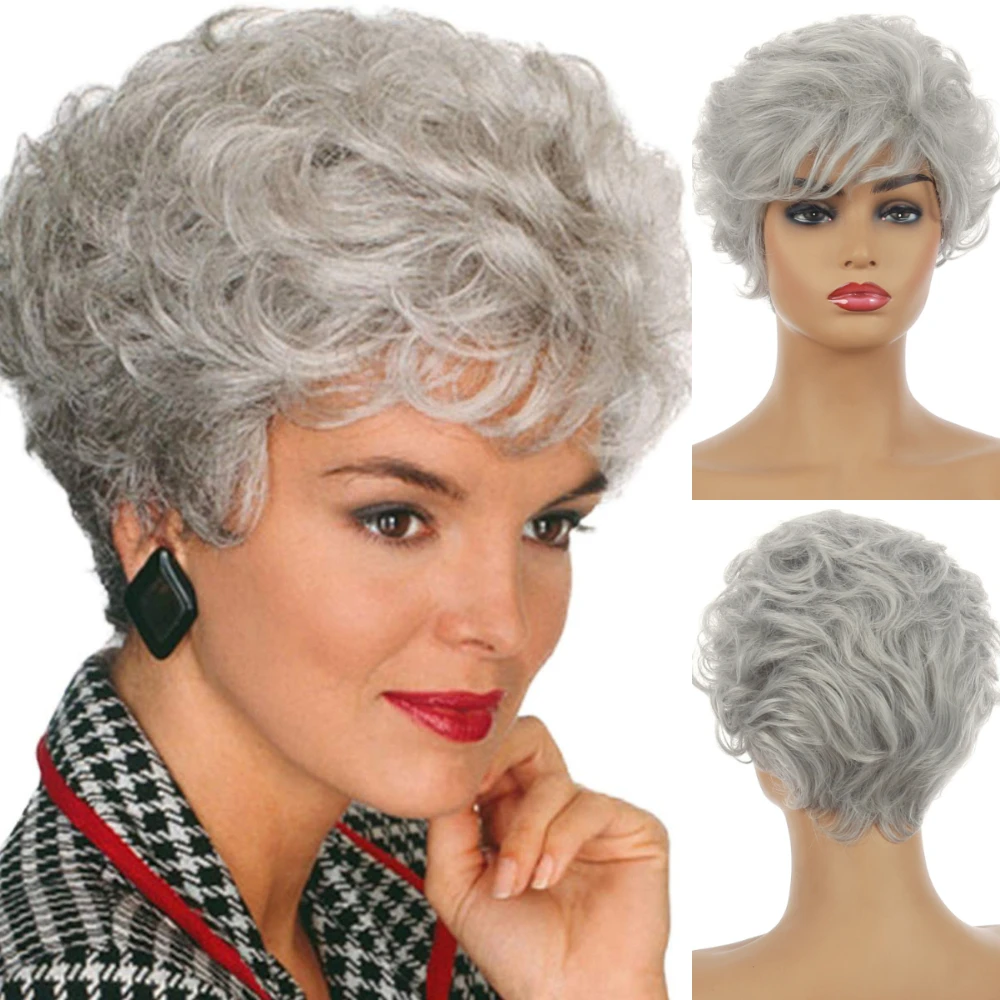 SHYRED Synthetic Hair Silver Grey Wigs Wavy Wigs for Women Short Wig With Side Swept Bangs Hair Natural Wigs Daily Use Cosplay